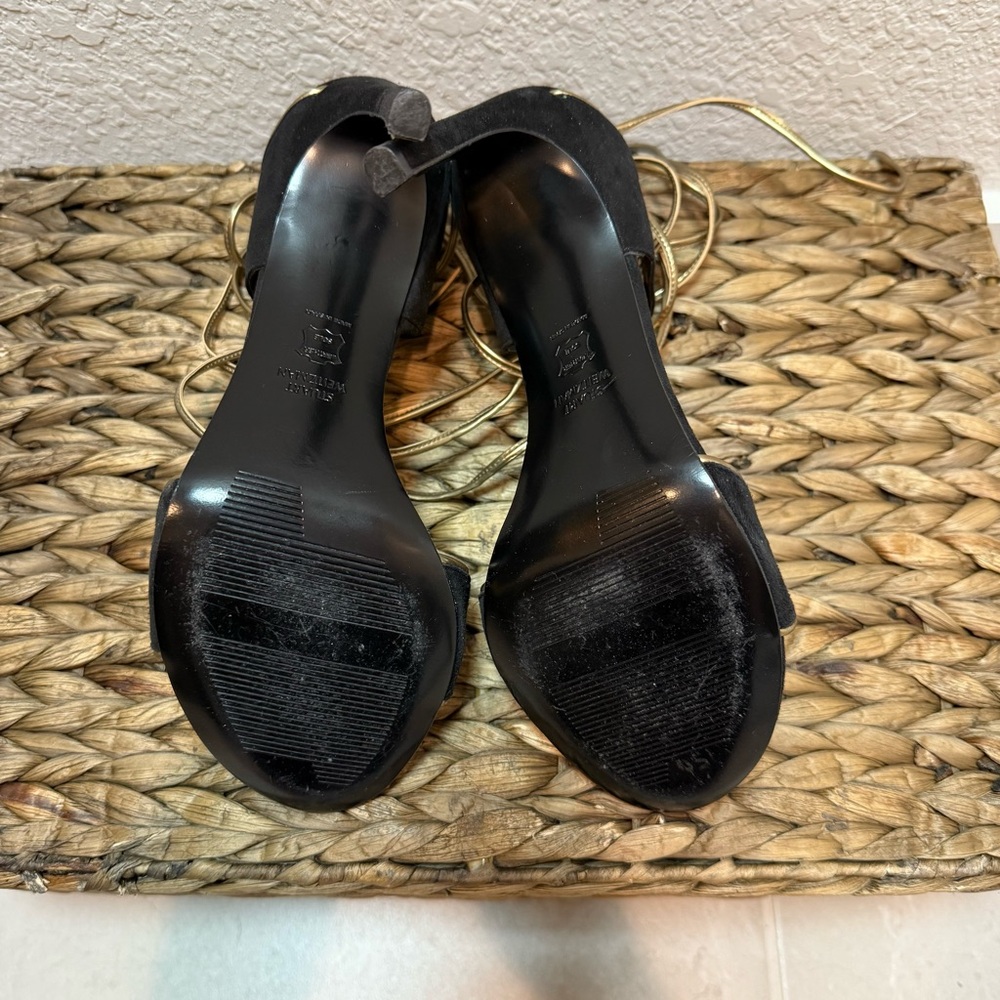 Stuart Weitzman Velvet Black Heels with Gold Tie Up The Ankle Straps - Picture 5 of 6